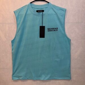 NAHMIAS Sleeveless T‎ Shirt Aqua Blue Summerland CA Graphic Print Mens Size S